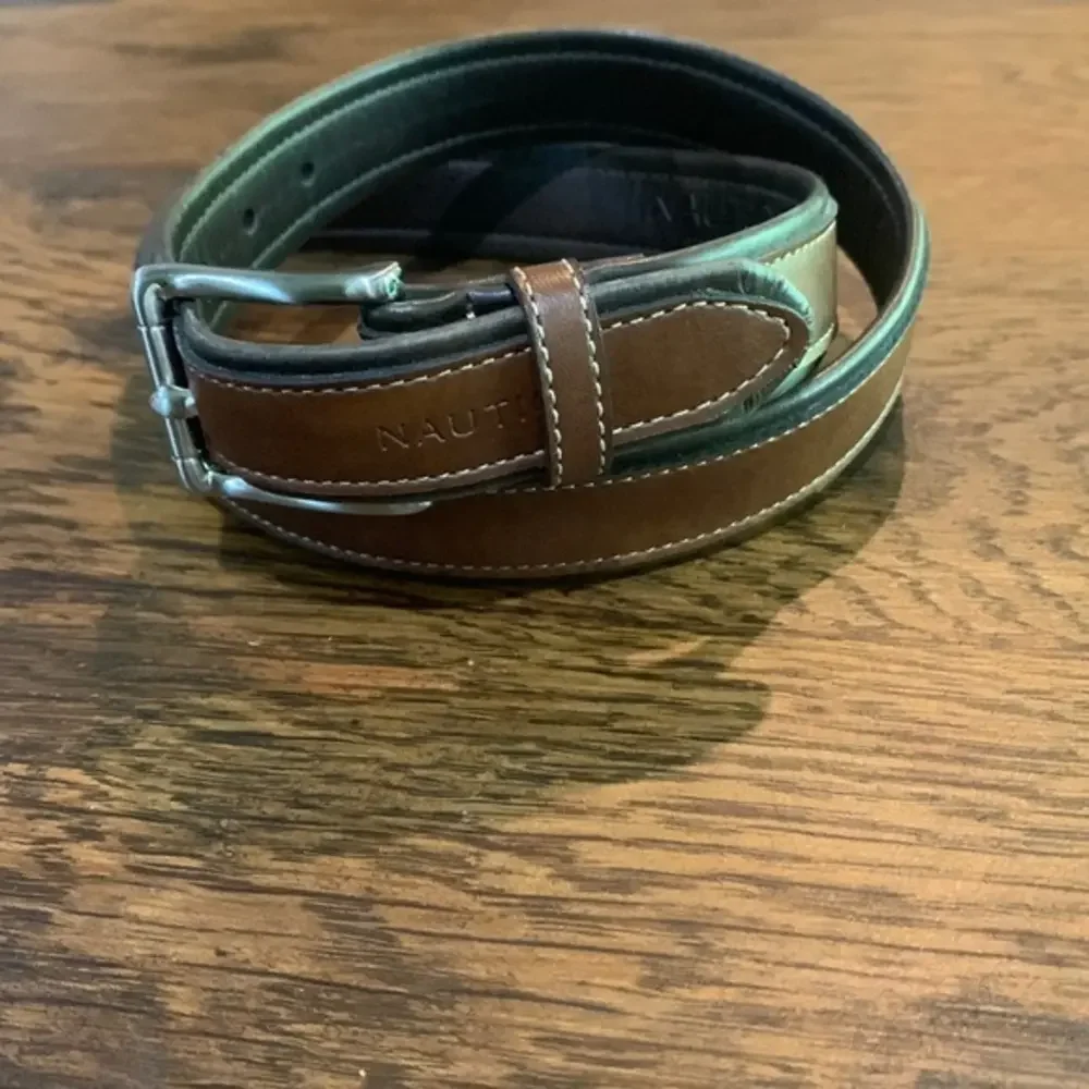 Nautica Double‎ Stitched Leather Belt Two Tone Brown Handcrafted 26/65